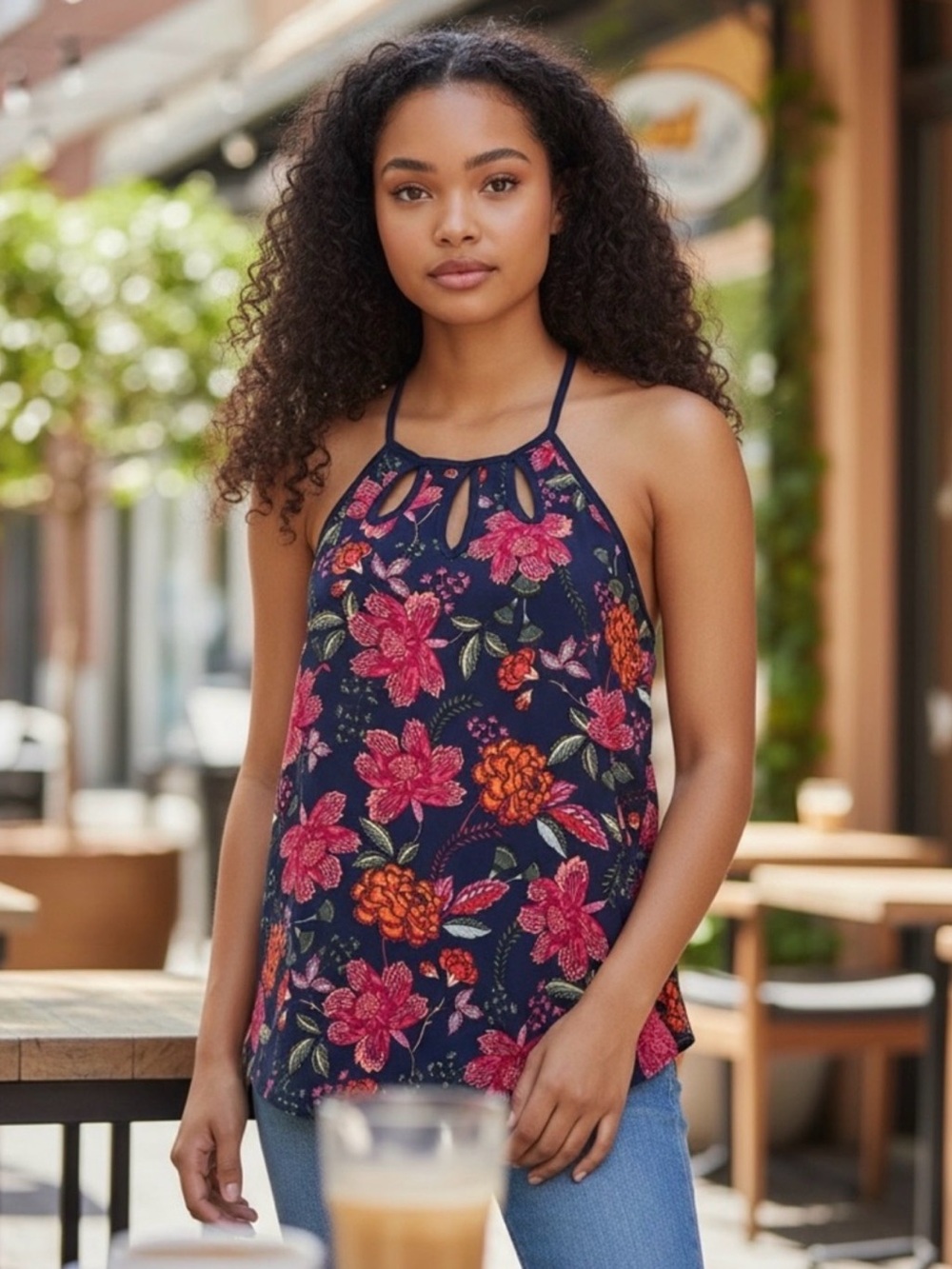 Papermoon Navy Halter Floral Camisole with Pink & Orange Blooms